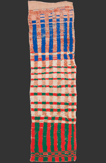 TM 2311, pile rug with a deviated checkerboard design, probably from the Gharb plains east of Rabat, Morocco, wool + industrial yarns, 1980s/90s, 285 x 85 cm / 9' 5'' x 2' 10'', high resolution image + price on request




